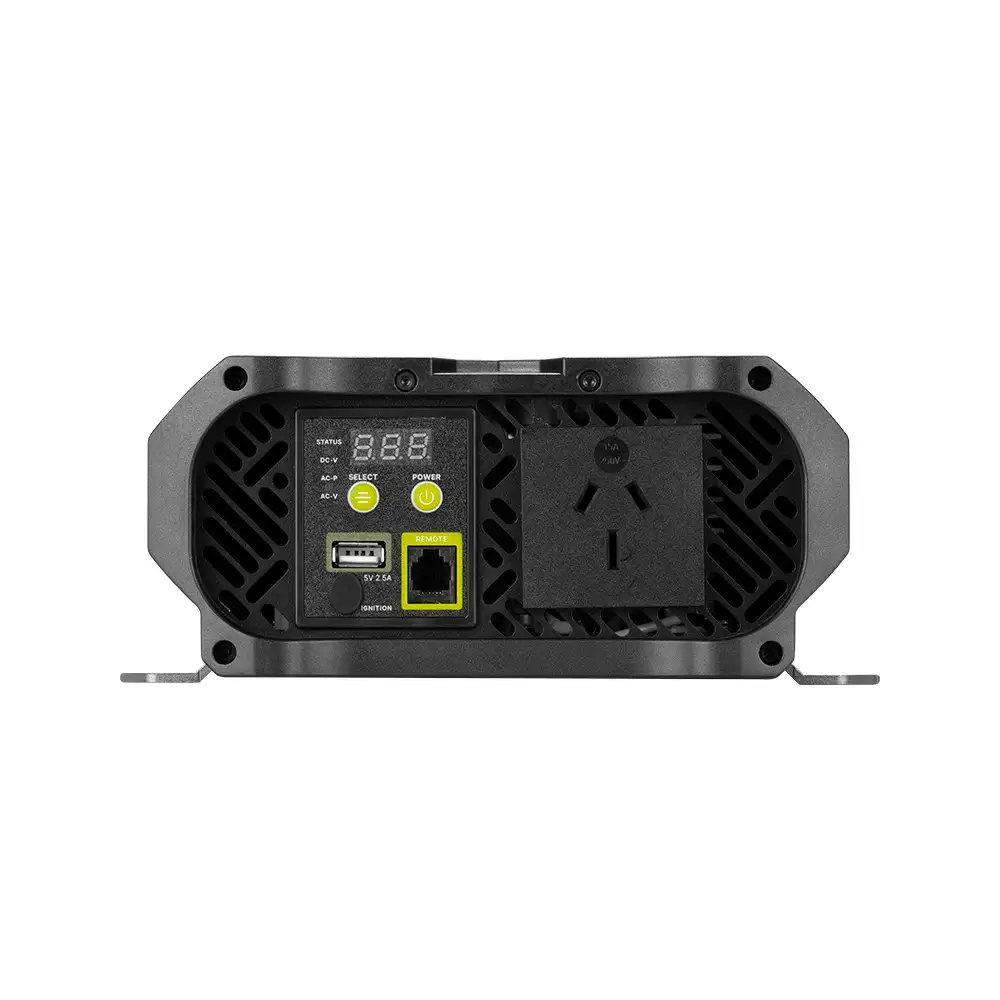 Dark gray 1000w Pure Sine Wave Inverter end panel features a digital display, USB port, remote port, and a 3-pin AC outlet.