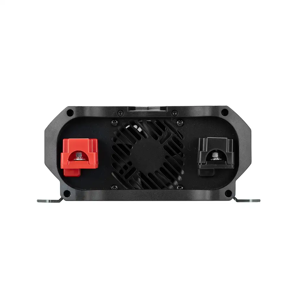 The 1000w Pure Sine Wave Inverter's rear panel showcases its black cooling fan and distinct red and black battery terminals.
