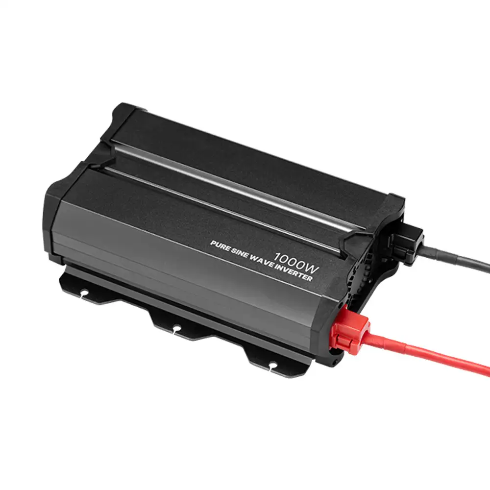 Black 1000w Pure Sine Wave Inverter showing its side panel with '1000W' text and connected red and black power input cables.