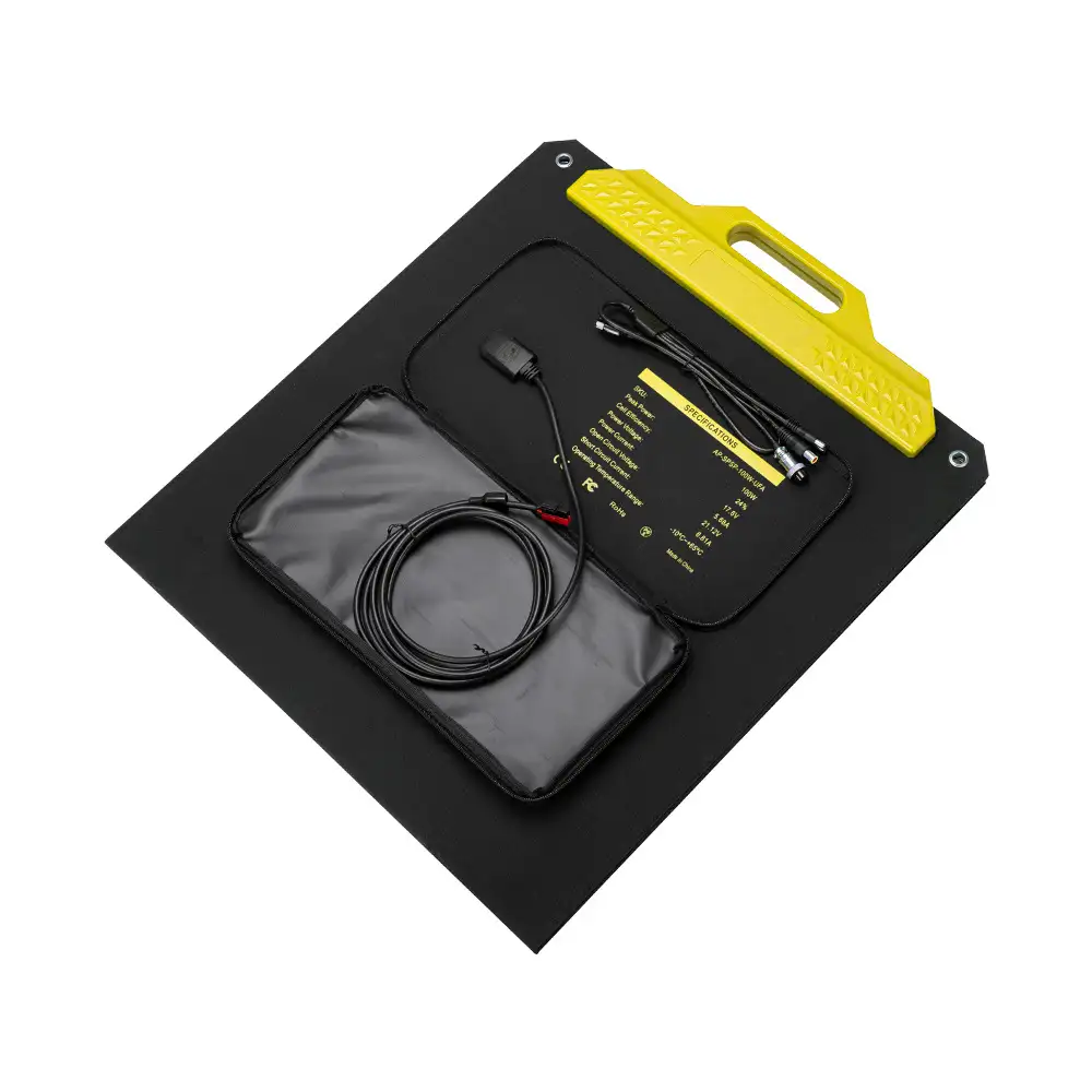 Folded 100W Monocrystalline Foldable Solar Panel with Handle and Kickstand revealing coiled cables, a bright yellow handle, and detailed specifications label.