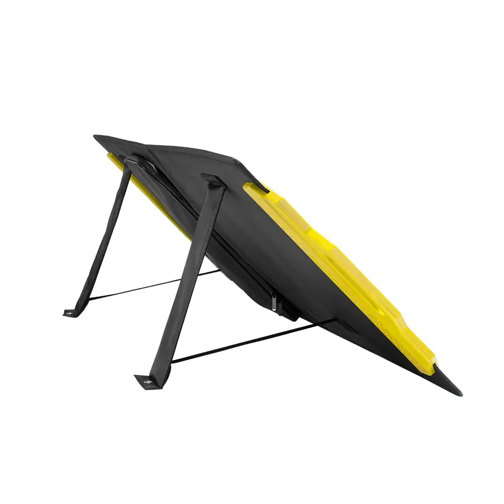 This 100W Monocrystalline Foldable Solar Panel with Handle and Kickstand stands angled on its black support legs, revealing black and yellow panels.