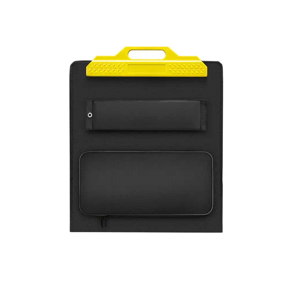 This 100W Monocrystalline Foldable Solar Panel with Handle and Kickstand features a bright yellow handle, black fabric, and a rectangular zippered pouch.