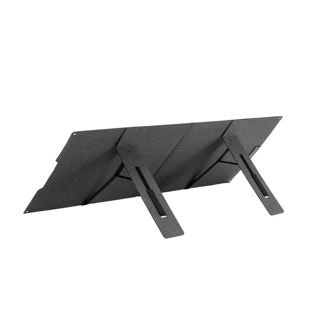 The dark gray 100W Monocrystalline Foldable Solar Panel with Kickstand displays its two sturdy, deployed kickstand legs from the back.