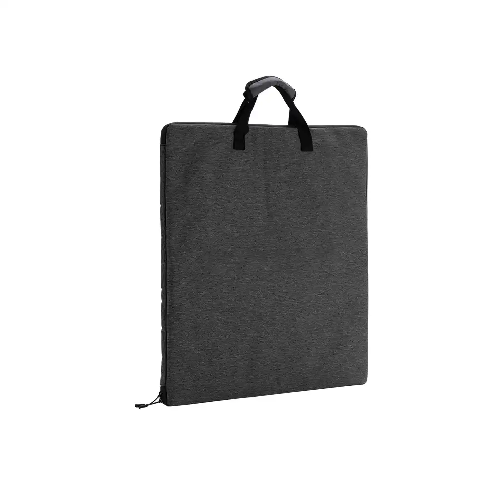 This 100W Monocrystalline Foldable Solar Panel with Kickstand appears folded as a dark gray rectangular carrying case with a black top handle.
