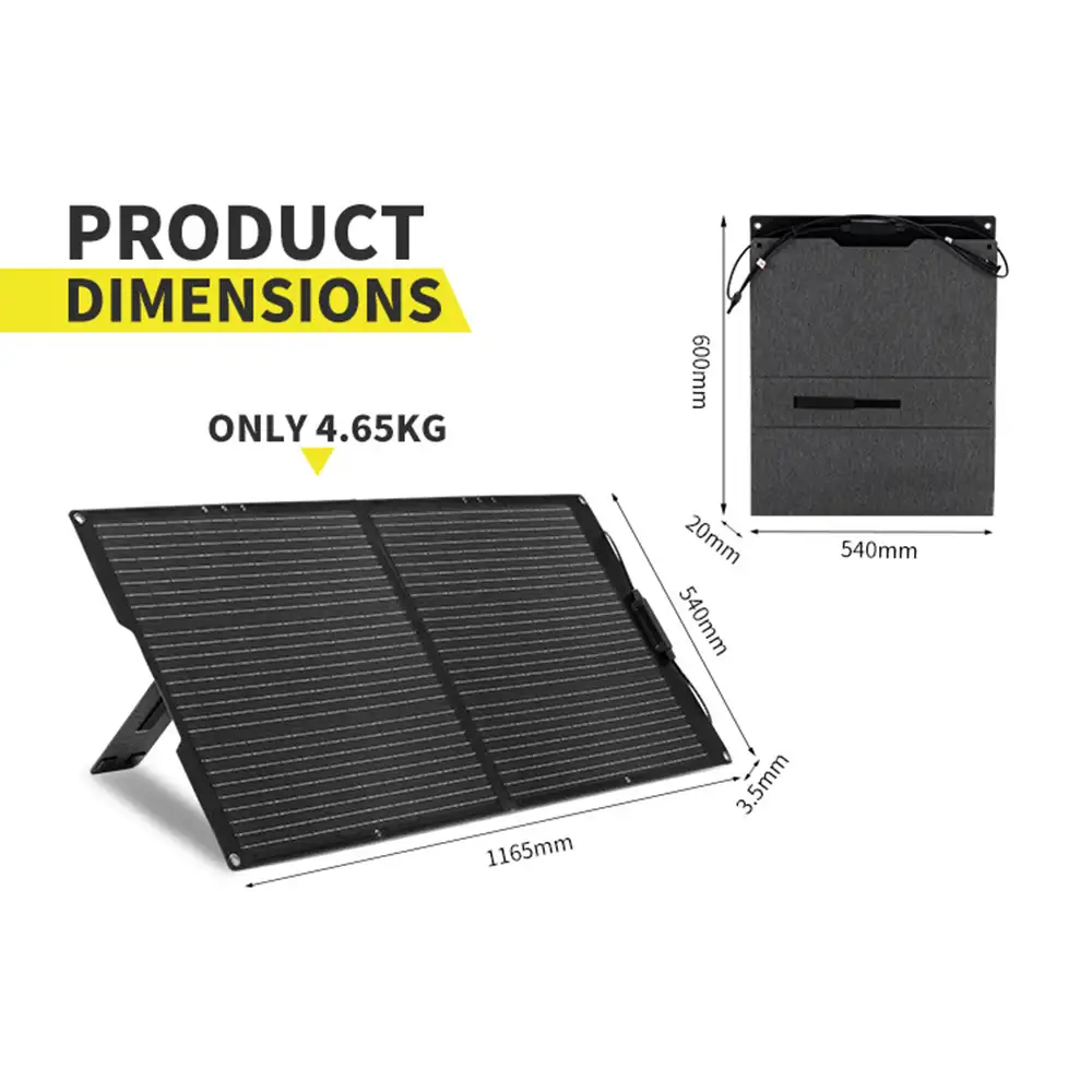 Detailed product dimensions for the 100W Monocrystalline Foldable Solar Panel with Kickstand, highlighting its 4.65kg weight and compact folded size.
