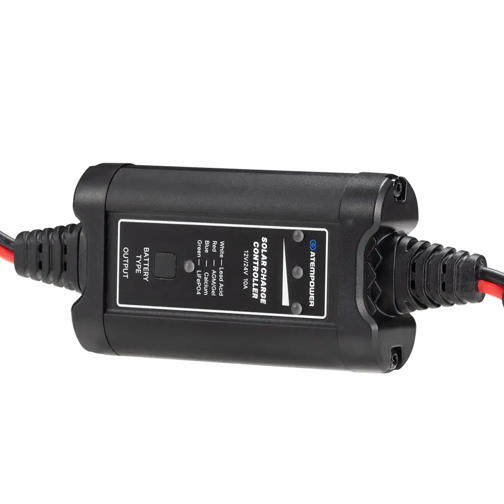 This 10A 12V/24V MPPT Solar Charge Controller displays its black rectangular body, front label with battery type settings, and output wires.