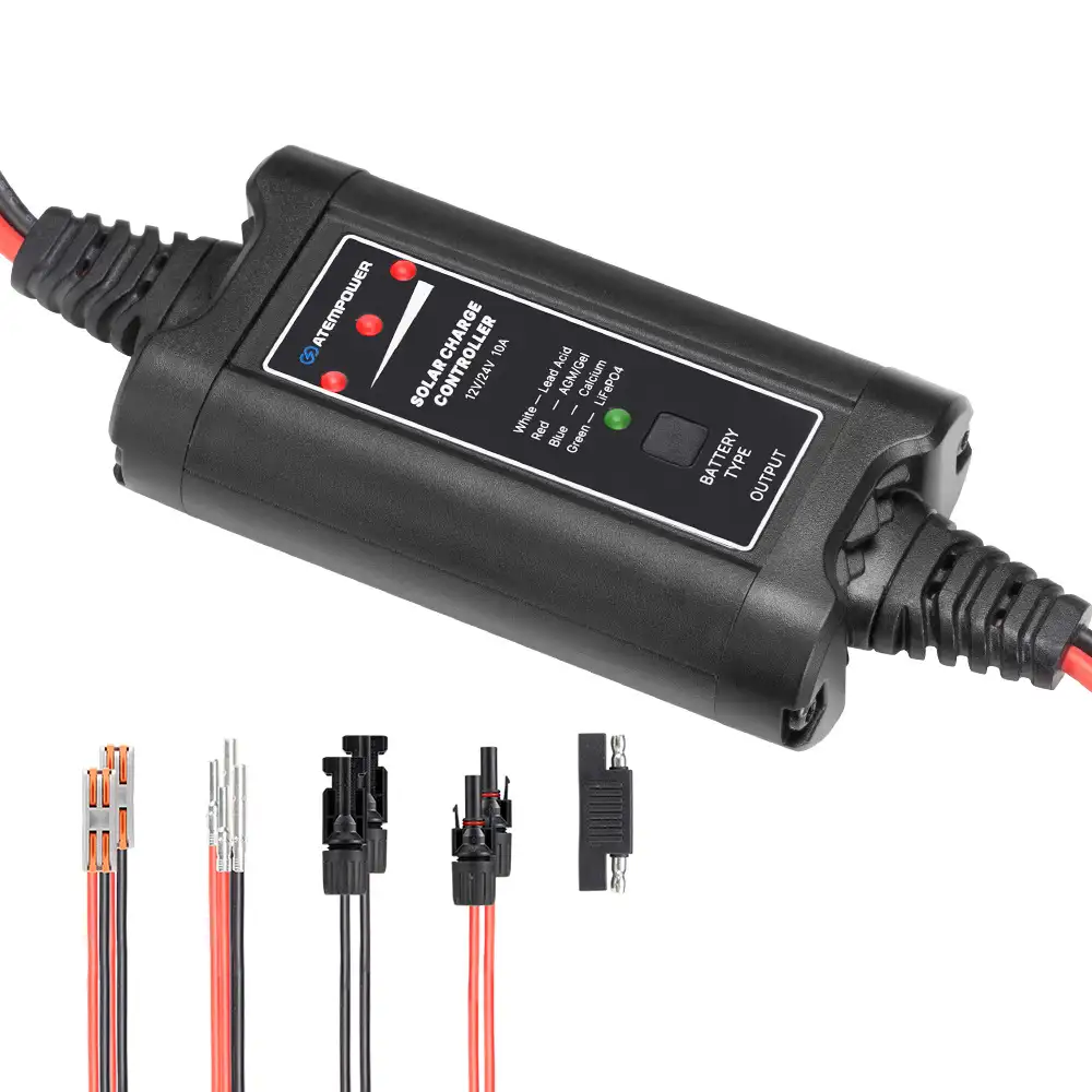 This black 10A 12V/24V MPPT Solar Charge Controller features ATEMPOWER branding, red/green LEDs, battery type labels, and included connection cables.