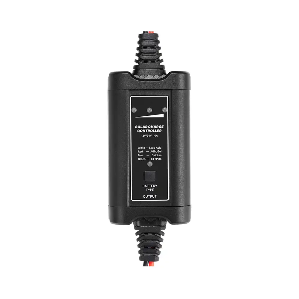 A black 10A 12V/24V MPPT Solar Charge Controller displays its front panel with LED indicators and 'BATTERY TYPE' button.