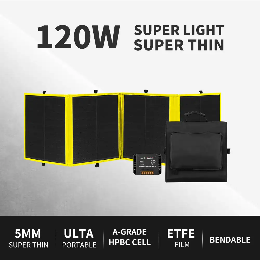 Unfolded 120W HPBC Folding Solar Panel ETFE Coating with yellow trim, a black solar charge controller, and compact carrying bag.