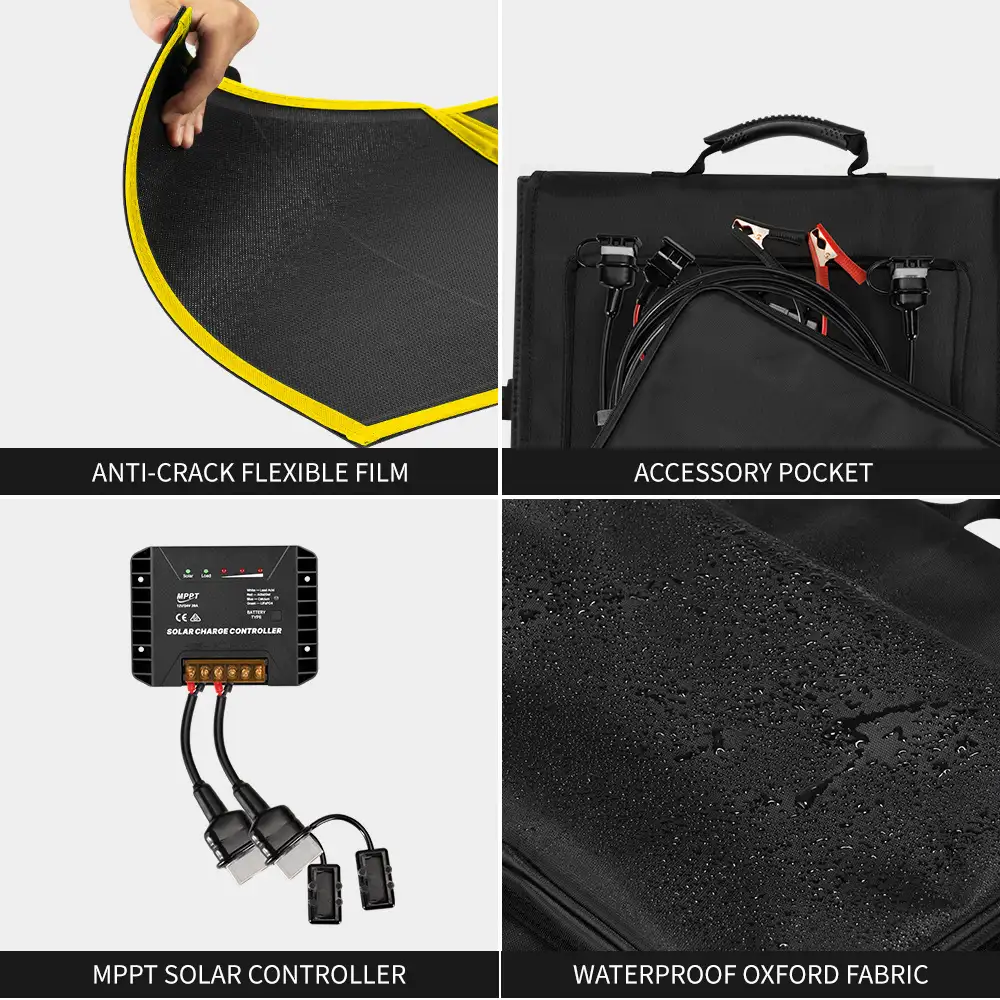 The 120W HPBC Folding Solar Panel ETFE Coating includes a black MPPT Solar Charge Controller, clearly displaying its ports and 'CE' certification.