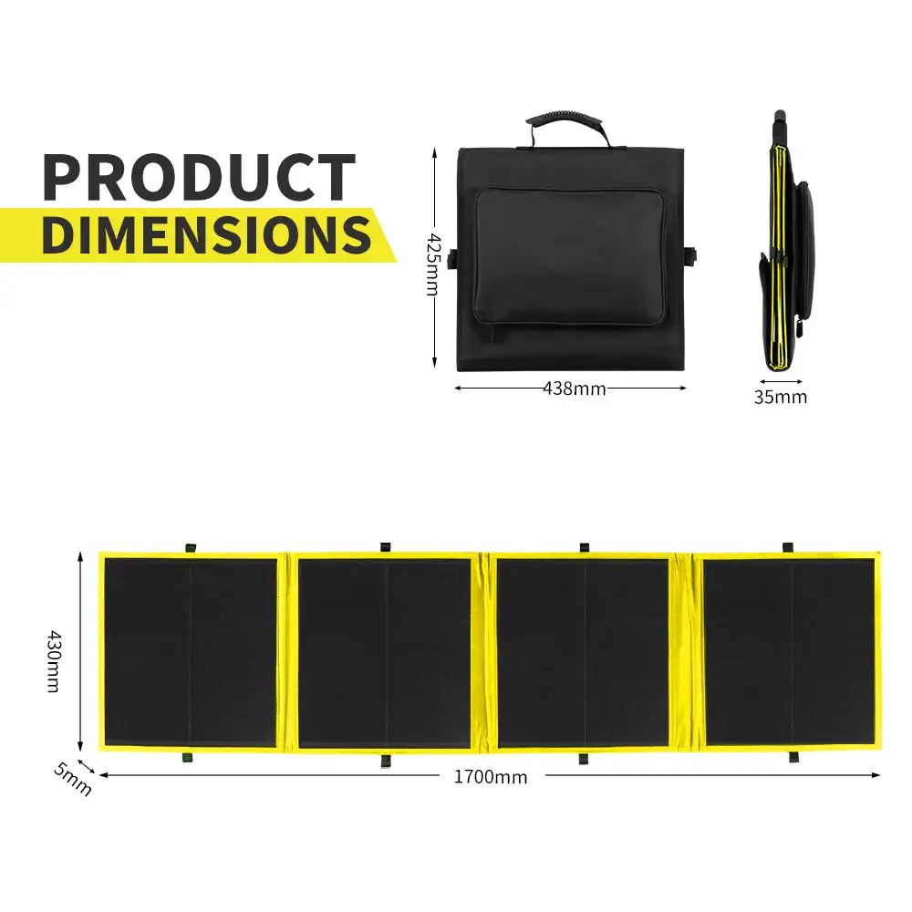 The 120W HPBC Folding Solar Panel ETFE Coating shows black and yellow product dimensions: 438x425mm folded, 1700x430mm unfolded.
