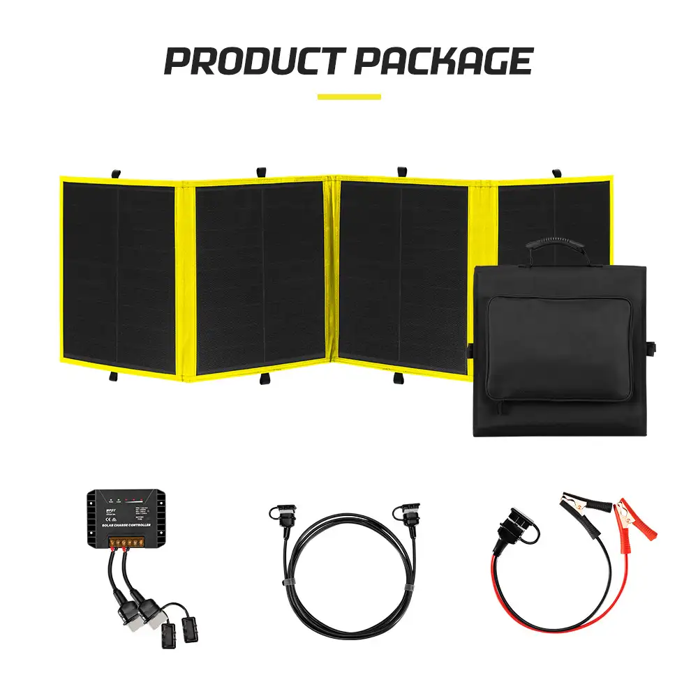 The 120W HPBC Folding Solar Panel ETFE Coating product package displays the black and yellow panel, folded case, solar controller, and cables.