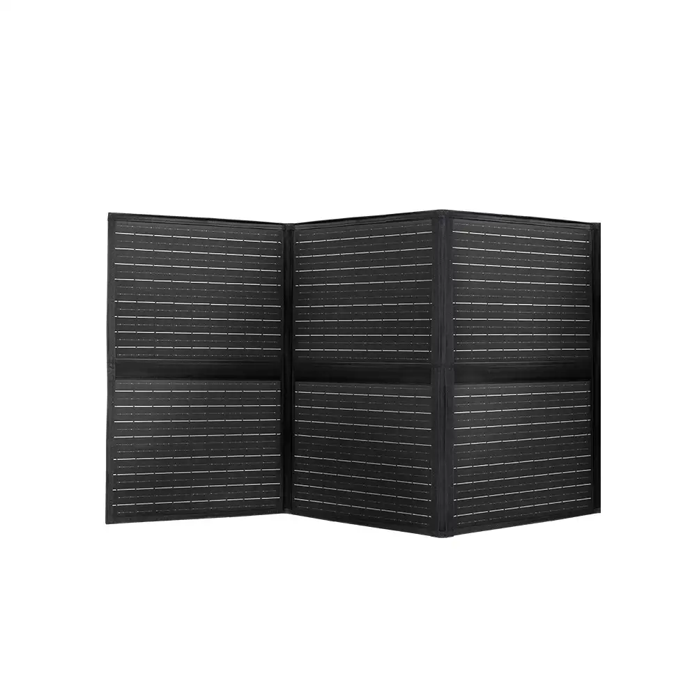 The dark grey 120W Monocrystalline Foldable Solar Panel showcases its multiple folded panels with visible silver monocrystalline cell lines.