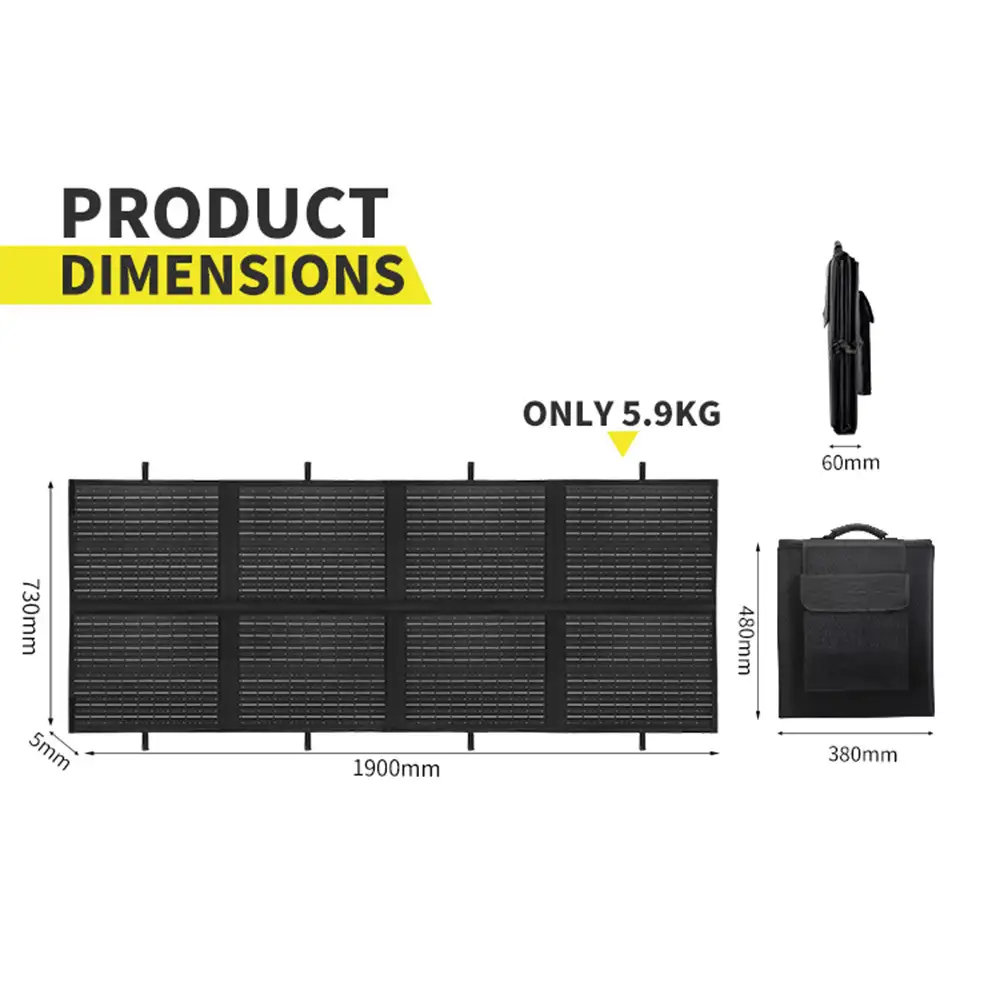 This diagram illustrates the 120W Monocrystalline Foldable Solar Panel's unfolded dimensions (1900x730mm), 5.9kg weight, and compact folded carry bag.