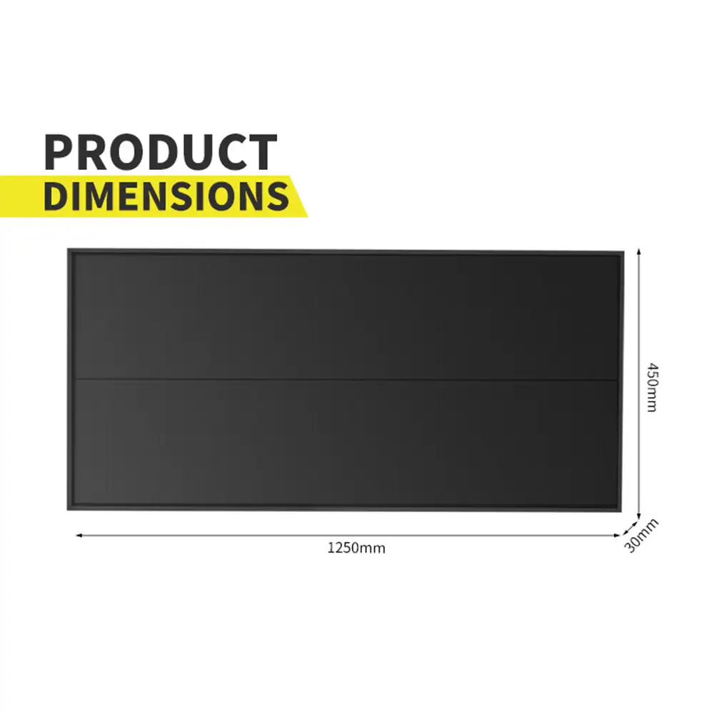 This 120W Shingled Rigid Solar Panel shows product dimensions, a rectangular black panel measuring 1250x450x30mm.