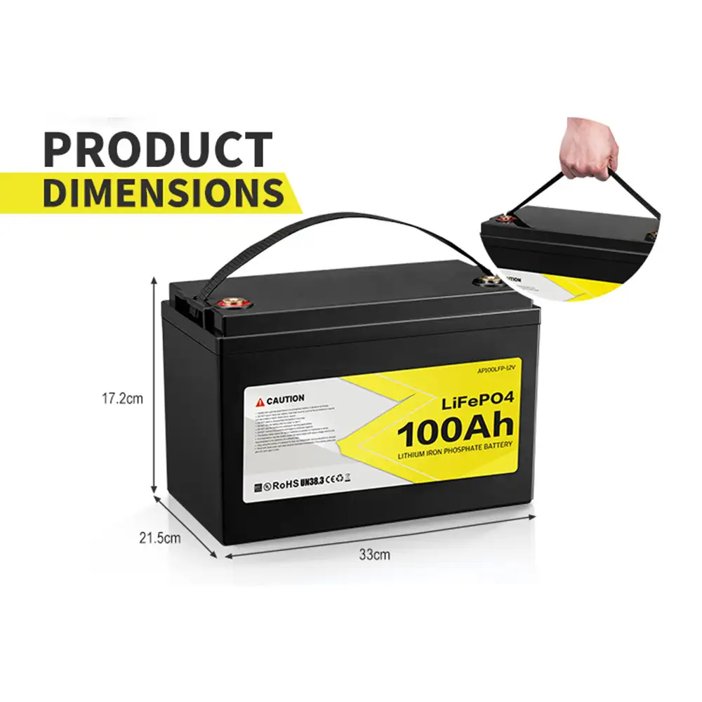 This black 12V 100Ah LiFePO4 Battery with Built-in BMS displays its precise dimensions (33x21.5x17.2cm) and convenient top carrying strap.