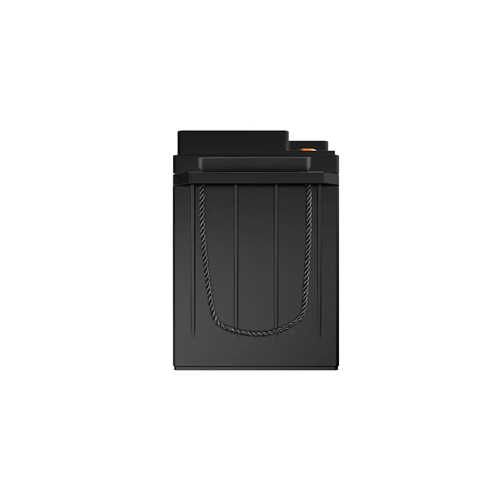 This 12V 150Ah LiFePO4 Battery with Built-in BMS is shown from the side, revealing its black casing, vertical grooves, and robust rope handle.