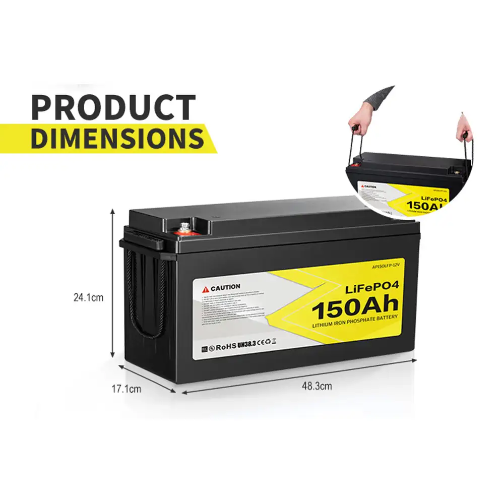 Black 12V 150Ah LiFePO4 Battery with Built-in BMS, displaying its rectangular form, carrying handles, top terminals, and precise dimensions.