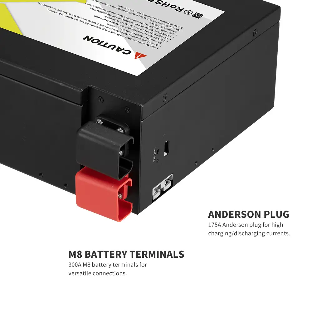 This 12V 150Ah LiFePO4 Battery with Prismatic Cells features black and red 300A M8 terminals and a 175A Anderson plug.