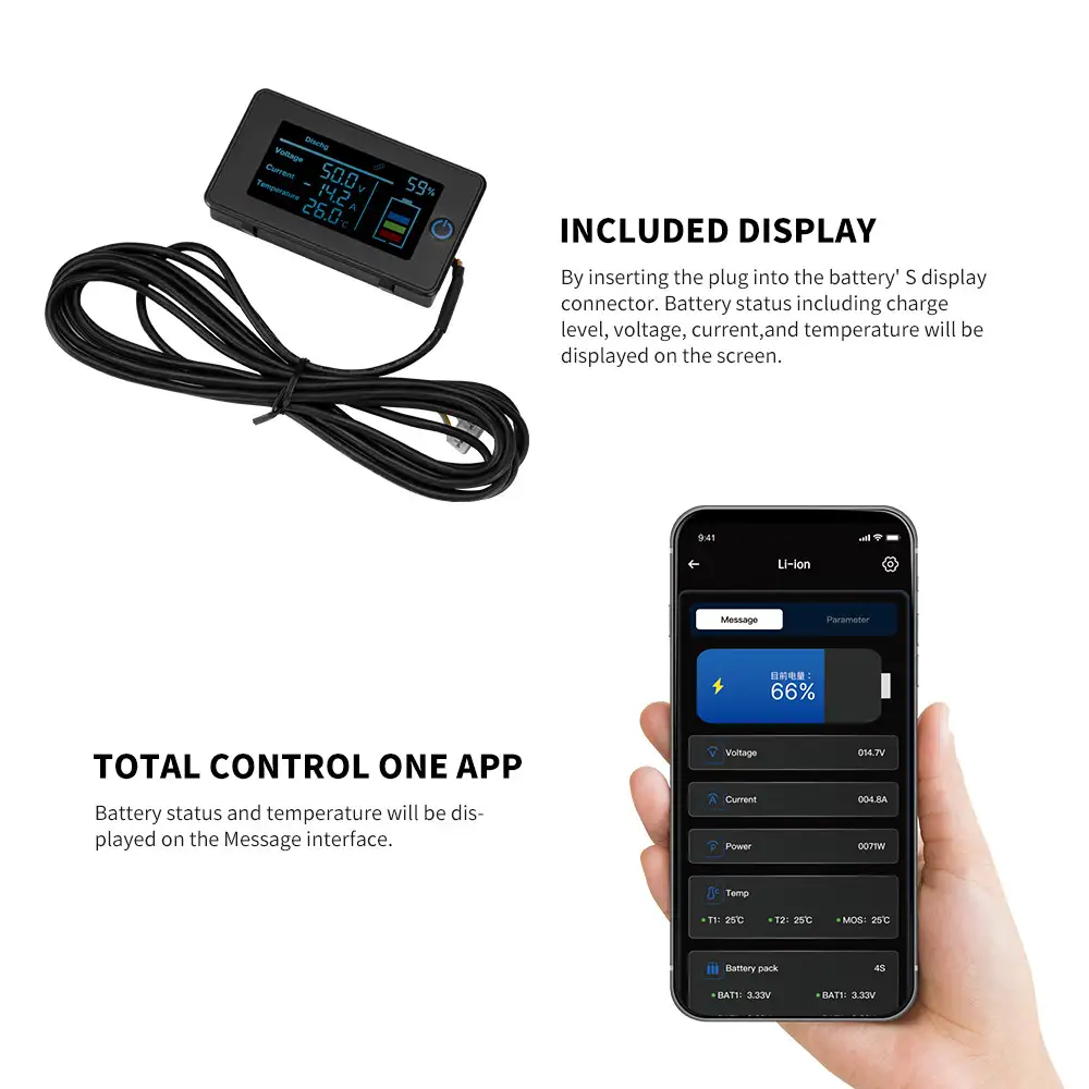 Black display showing 59% charge and phone app interface monitoring a 12V 150Ah LiFePO4 Battery with Prismatic Cells' voltage and temperature.