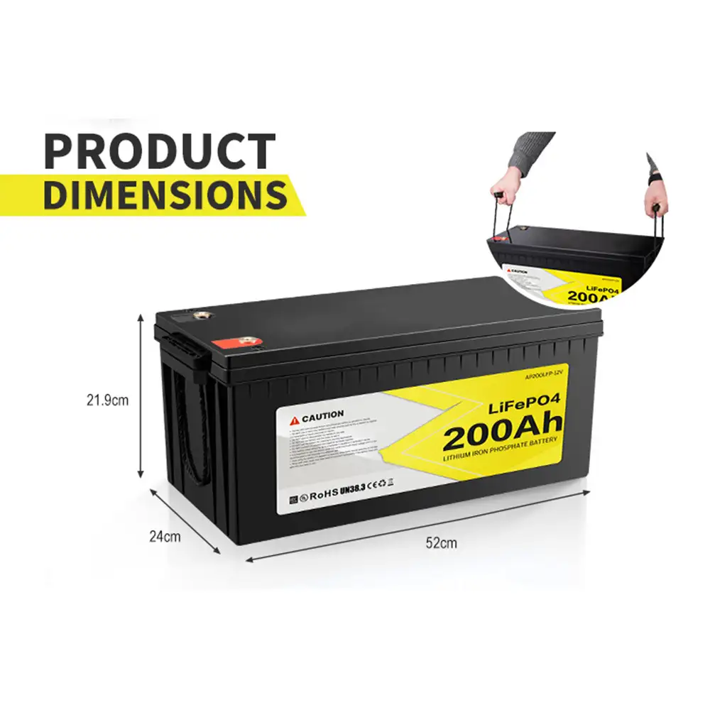 Black rectangular 12V 200Ah LiFePO4 Battery with Built-in BMS, clearly showing its 52x24x21.9cm dimensions and prominent yellow 200Ah label.