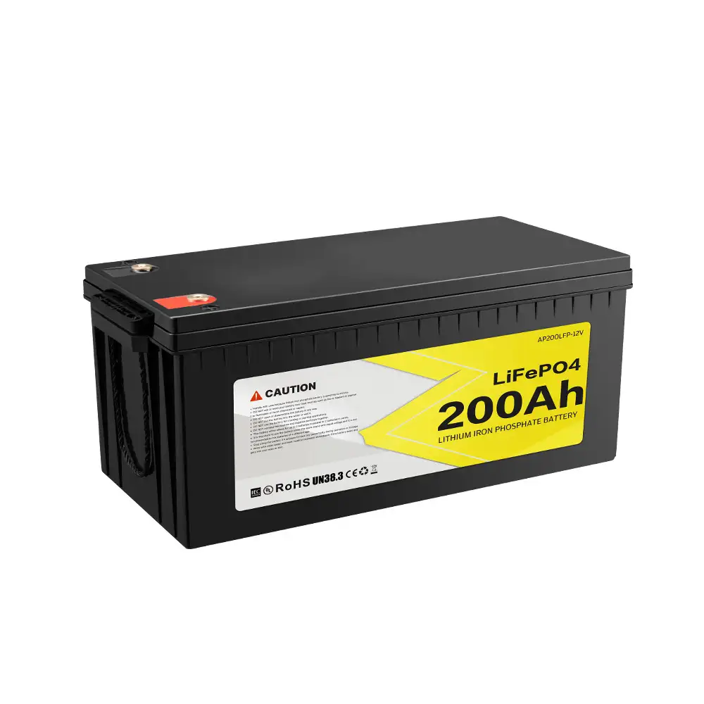 This black rectangular 12V 200Ah LiFePO4 Battery with Built-in BMS features a prominent yellow "200Ah" label and top terminals.