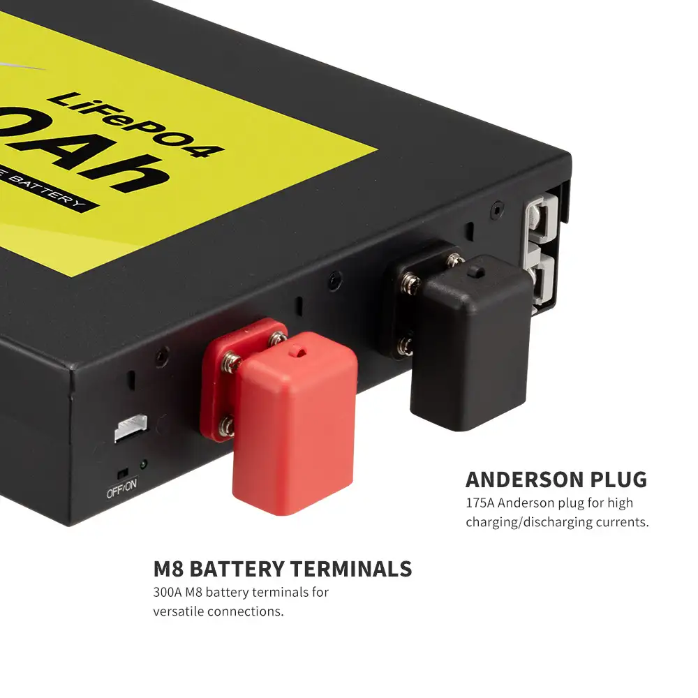 Side view of a 12V 200Ah LiFePO4 Battery with Prismatic Cells, highlighting red M8 terminals, a black Anderson plug, and an ON/OFF switch.