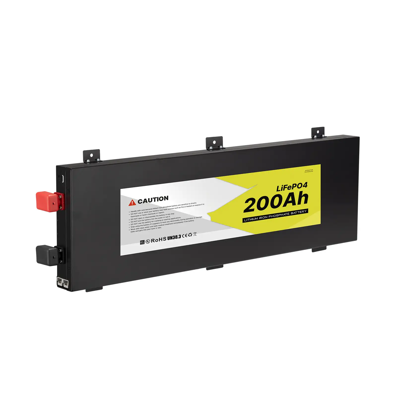 Black 12V 200Ah LiFePO4 Battery with Prismatic Cells, showcasing its large yellow '200Ah' label and prominent red/black side terminals.