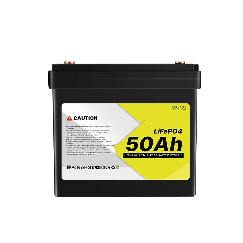 This black 12V 50Ah LiFePO4 Battery with Built-in BMS displays its yellow label, prominent "50Ah" rating, and caution instructions.