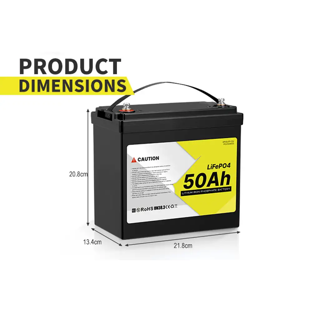 A black rectangular 12V 50Ah LiFePO4 Battery with Built-in BMS, featuring its top terminals and precise 20.8x13.4x21.8cm dimensions.