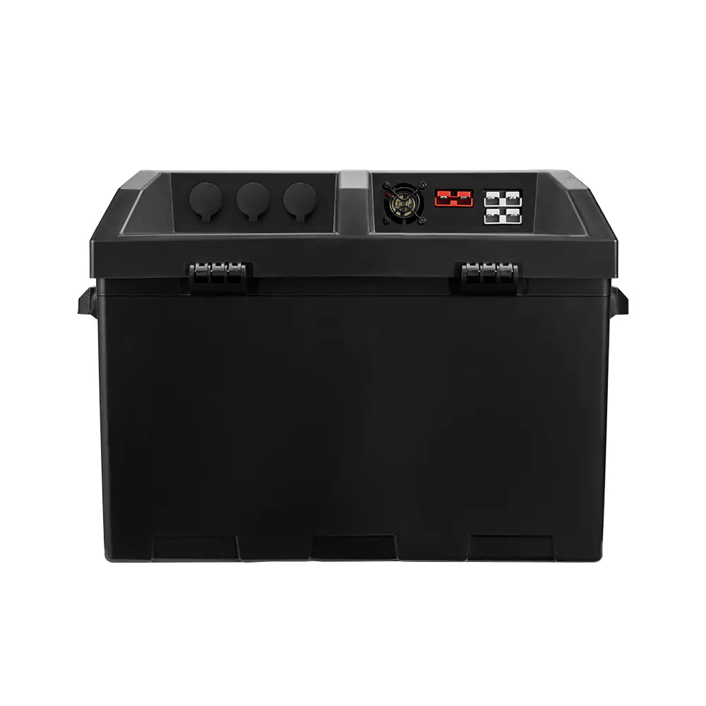A black 12V Battery Box with 500W Pure Sine Wave AC Output displaying three 12V ports, a cooling fan, and red/white power connectors.