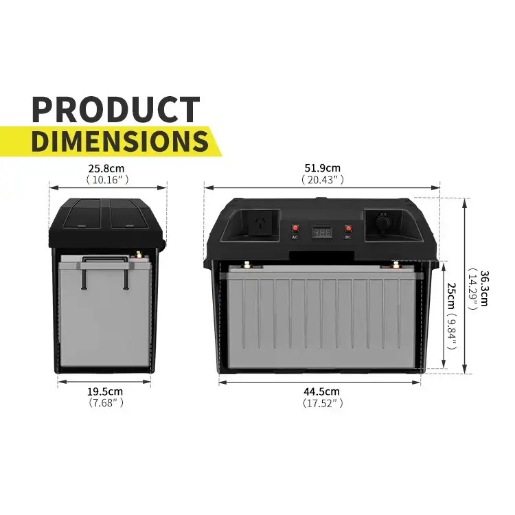 Dimensions of the black 12V Battery Box with 500W Pure Sine Wave AC Output, showing its top AC/DC ports and LED display.