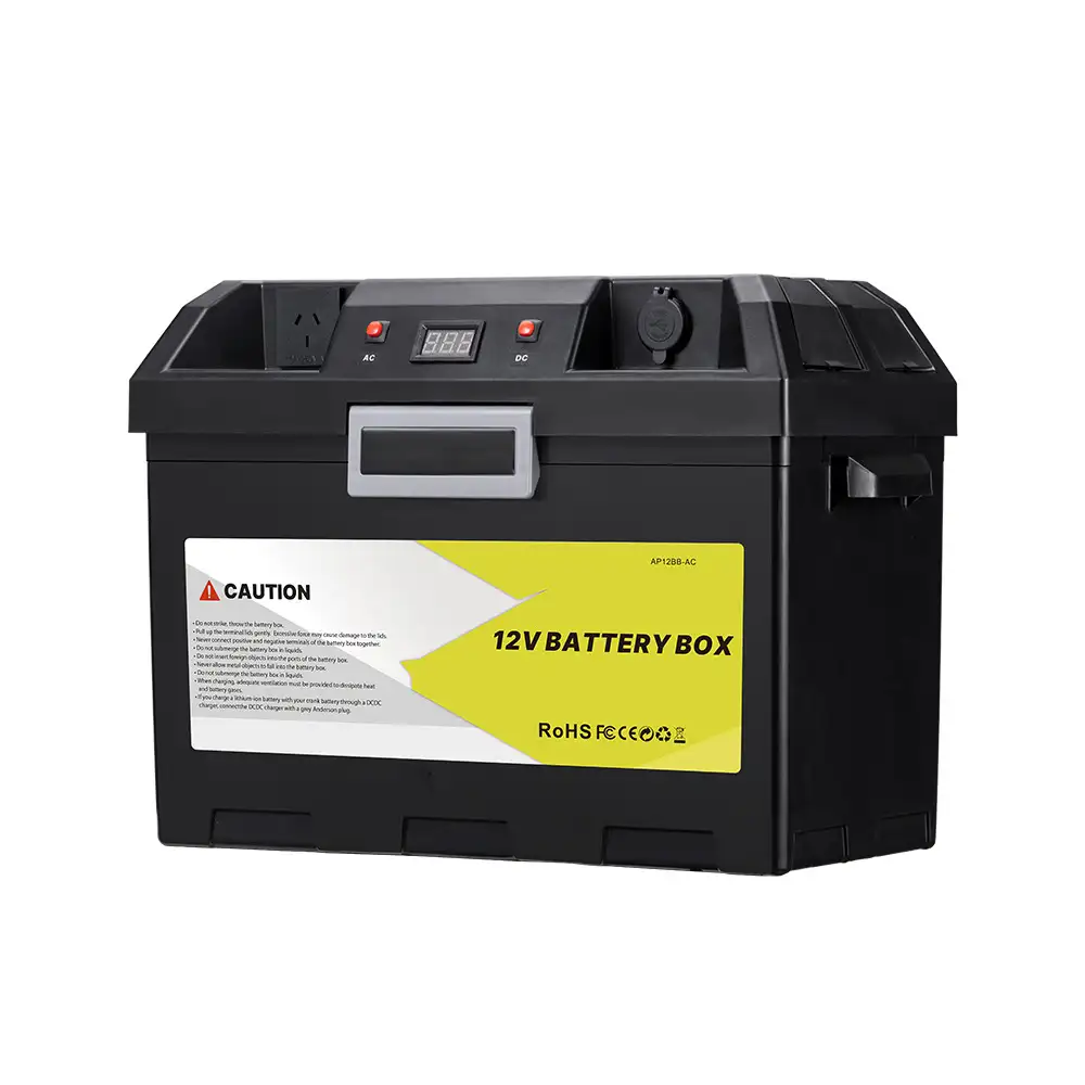 The black 12V Battery Box with 500W Pure Sine Wave AC Output features top AC/DC ports, a red LED display, and a prominent front caution label.