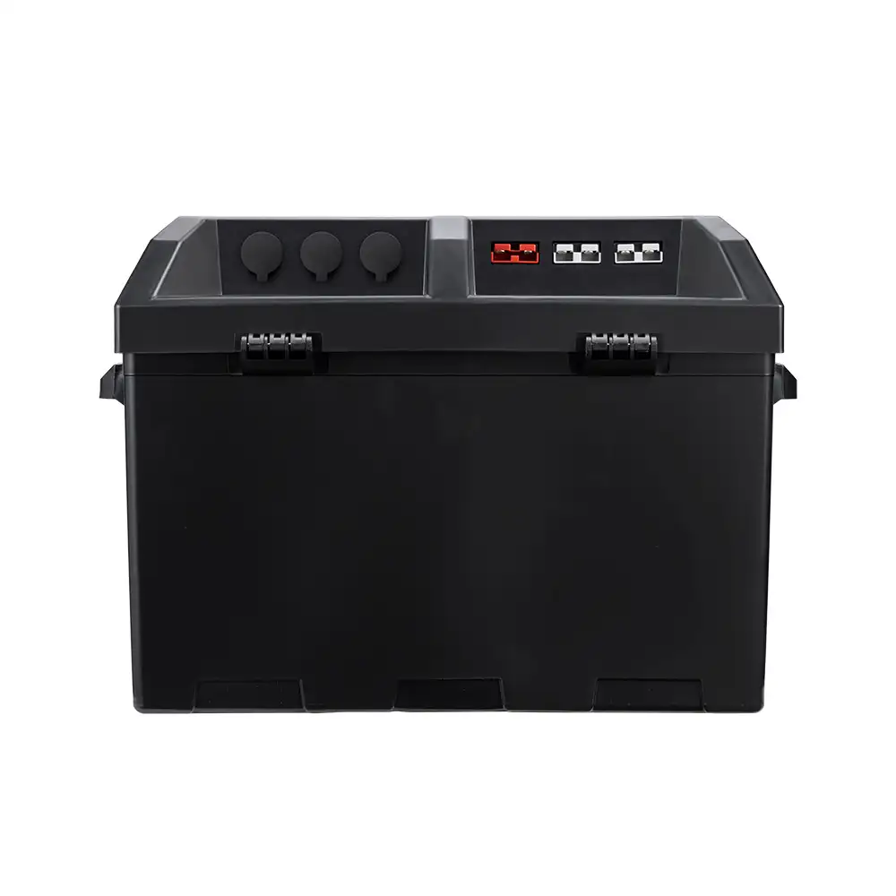 Black 12V Battery Box with Multi-Port DC Output featuring three round 12V sockets, one red, and two white rectangular power connectors.