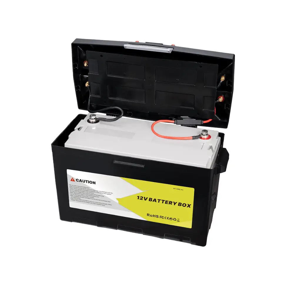 Open black 12V Battery Box with Multi-Port DC Output revealing the grey internal battery, red wiring, and a side caution label.