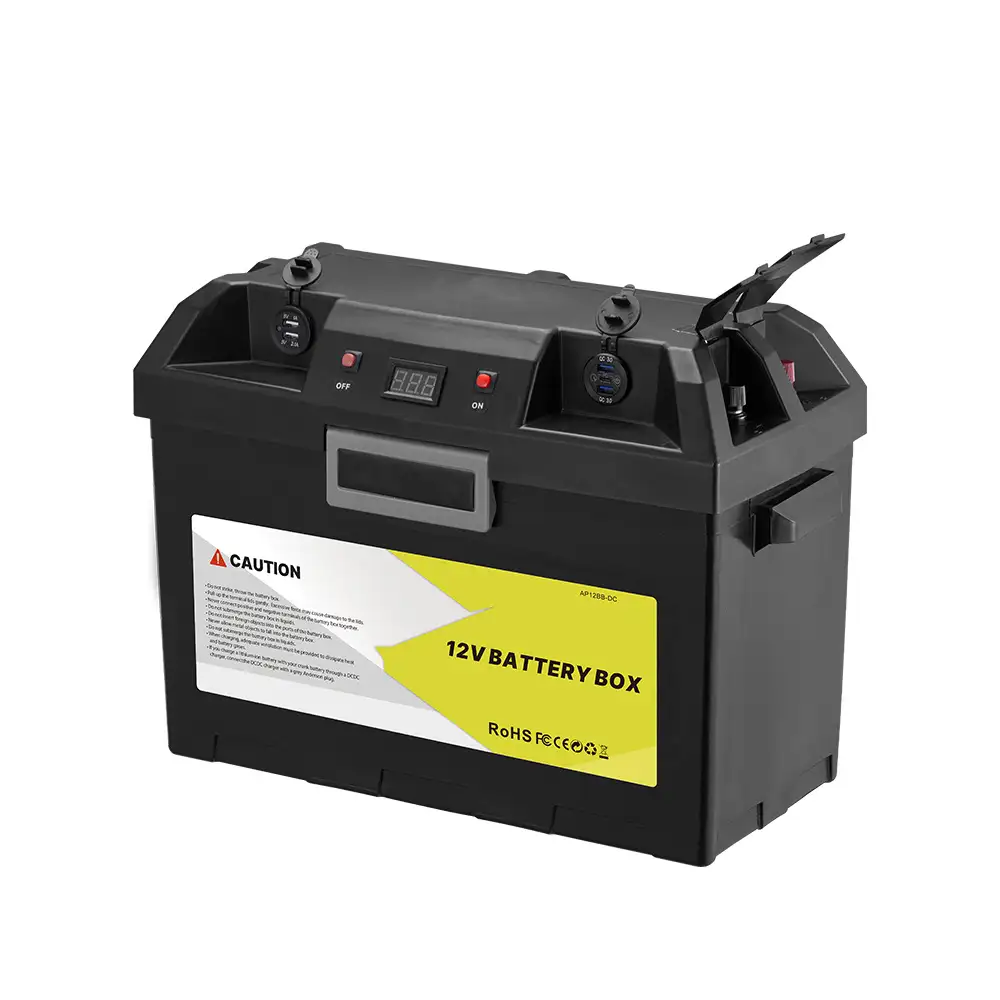 Black 12V Battery Box with Multi-Port DC Output, featuring a top panel with digital LED, dual USB, and two 12V accessory ports.