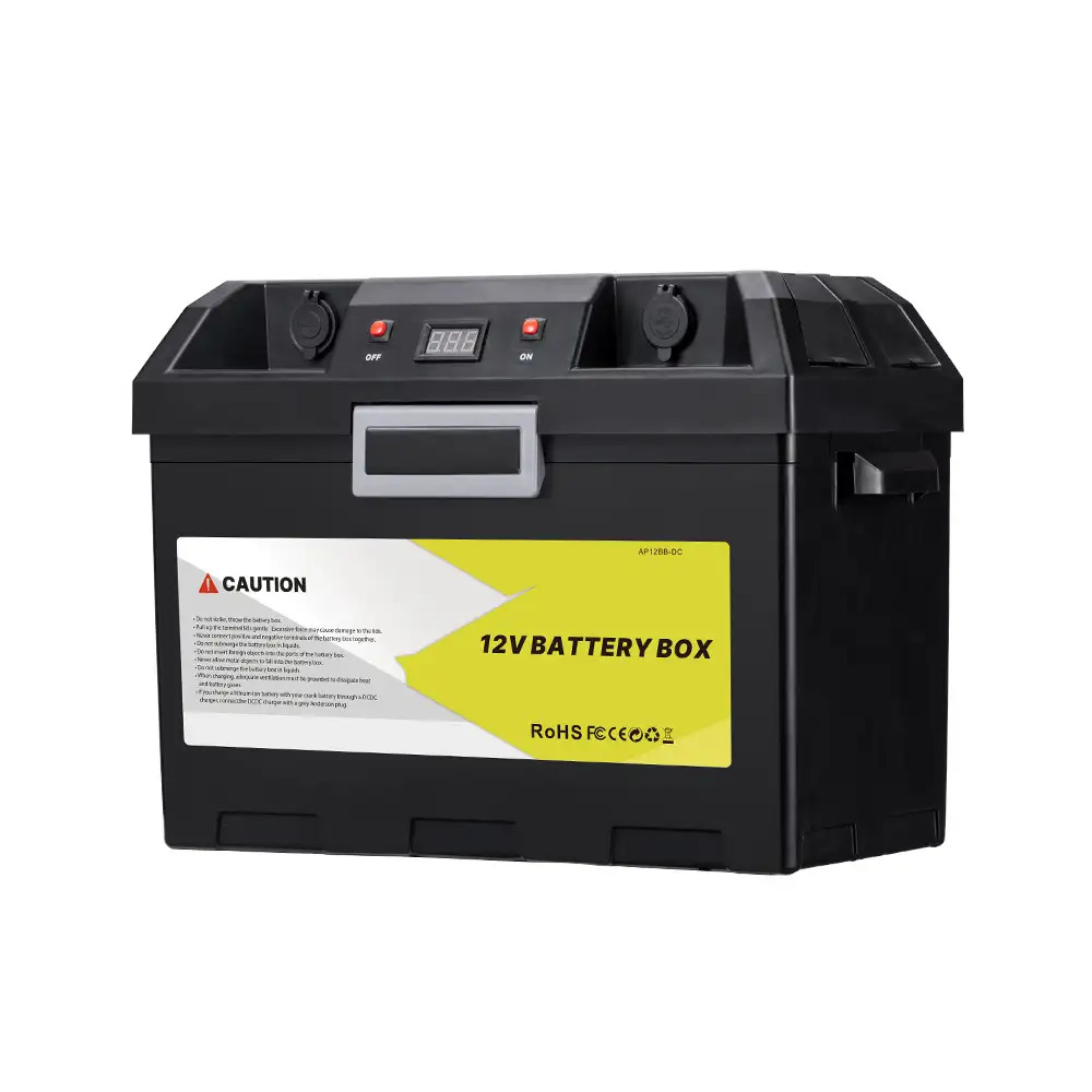 Black 12V Battery Box with Multi-Port DC Output, displaying an 8.8.8 LED, two covered DC ports, and a front yellow caution label.