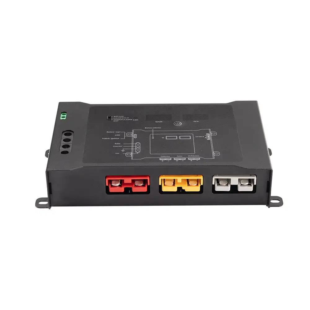 The 12V DC-DC Distribution Hub Multi-Chemistry Compatible displays its front panel with red, yellow, and white Anderson-style ports and a top connection diagram.