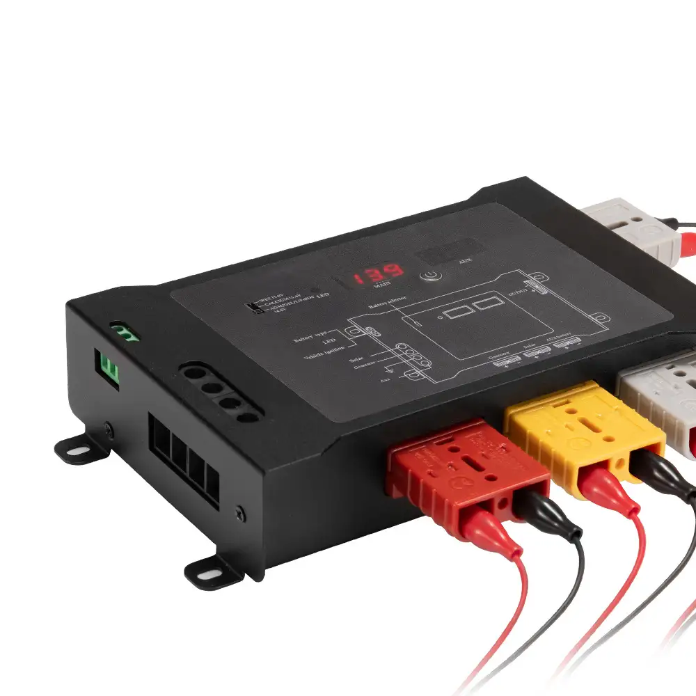A black 12V DC-DC Distribution Hub Multi-Chemistry Compatible shows its top panel with red LED display, connection diagram, and three colored Anderson ports.