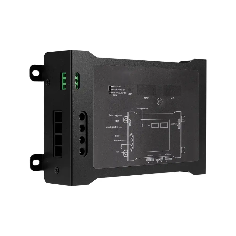 Black 12V DC-DC Distribution Hub Multi-Chemistry Compatible showing battery type selections, output diagram, and a green terminal block.