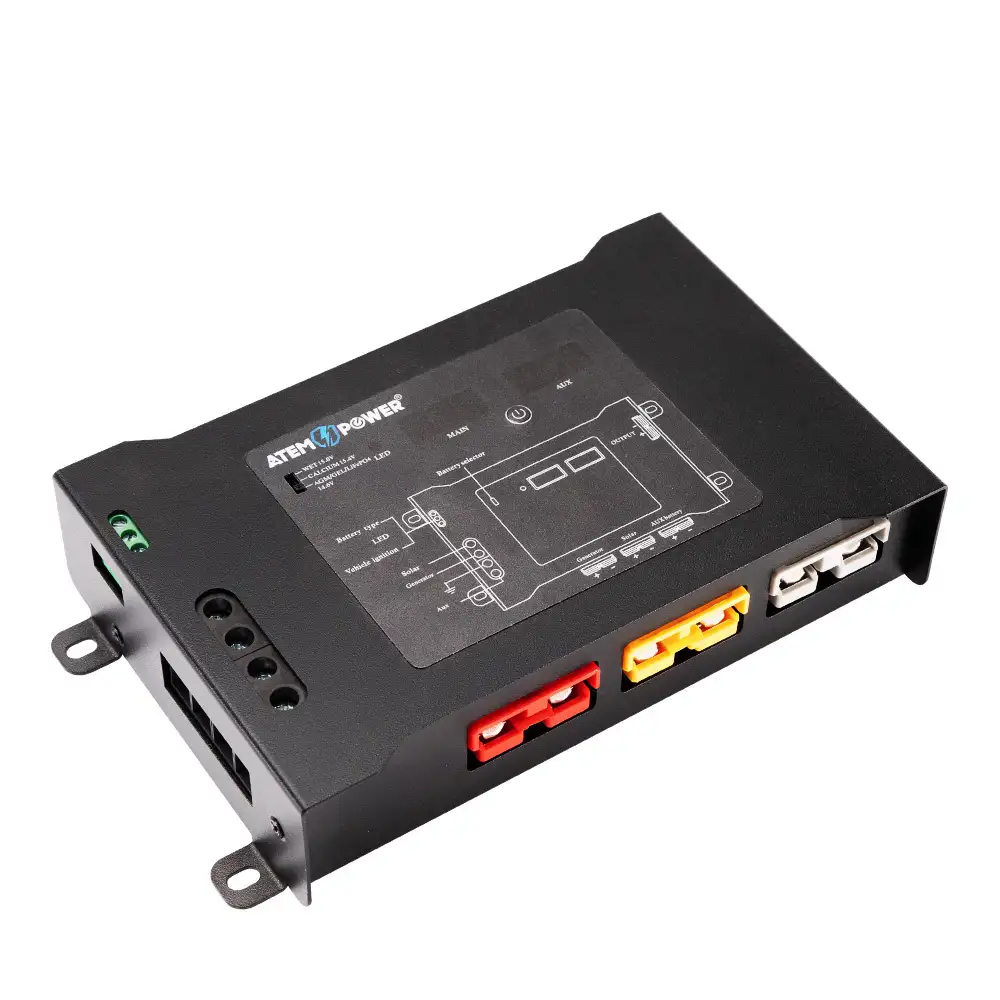 This black 12V DC-DC Distribution Hub Multi-Chemistry Compatible displays a detailed wiring diagram and prominent red, yellow, and white ports on its side.