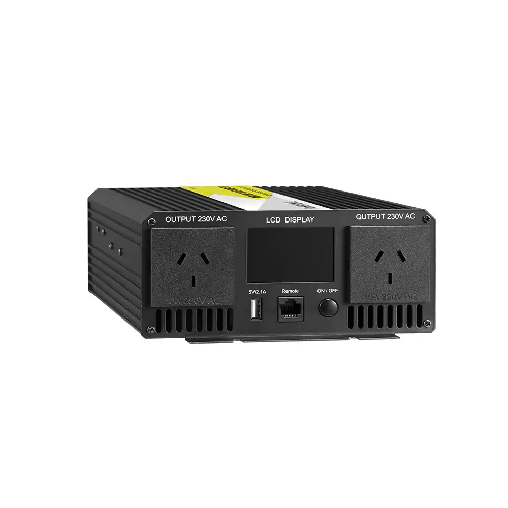 Front view of the black 1500W Pure Sine Wave Inverter with LCD Display, showcasing dual 230V AC sockets, a USB 5V/2.1A port, and power button.