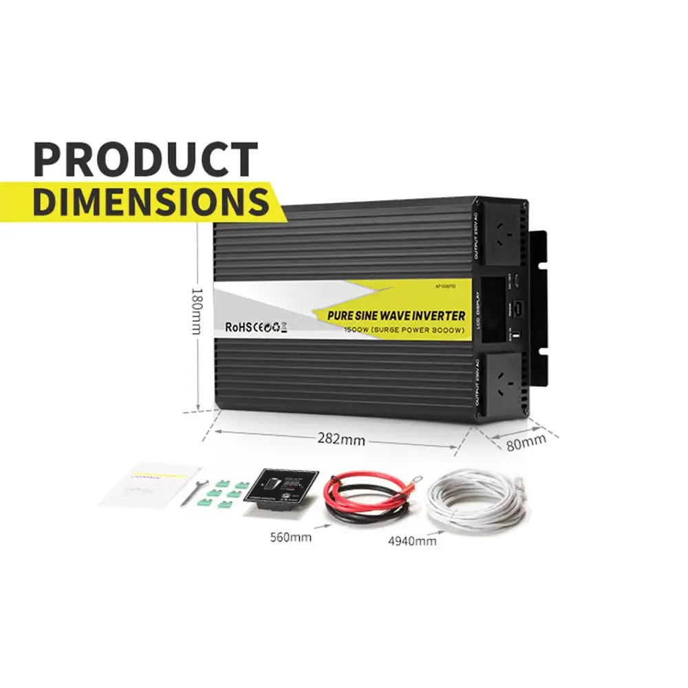 This 1500W Pure Sine Wave Inverter with LCD Display shows its black ribbed casing, output ports, precise dimensions, and separate remote display module.