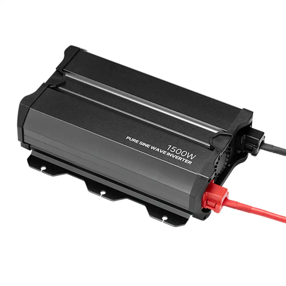 Black 1500w Pure Sine Wave Inverter, showing its top panel with "1500W" label, cooling fins, and connected red/black DC input cables.