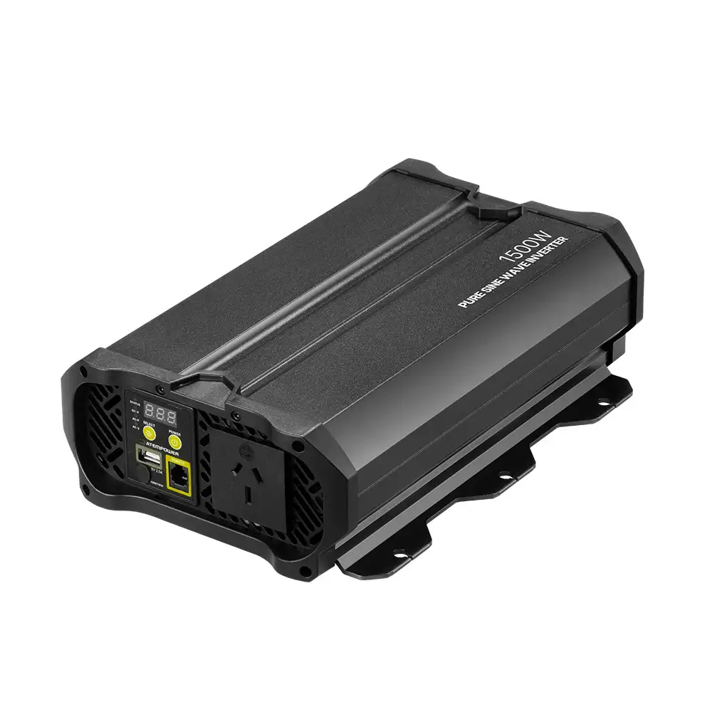 Black 1500w Pure Sine Wave Inverter with front LED display, dual USB ports, AC outlet, and side branding.