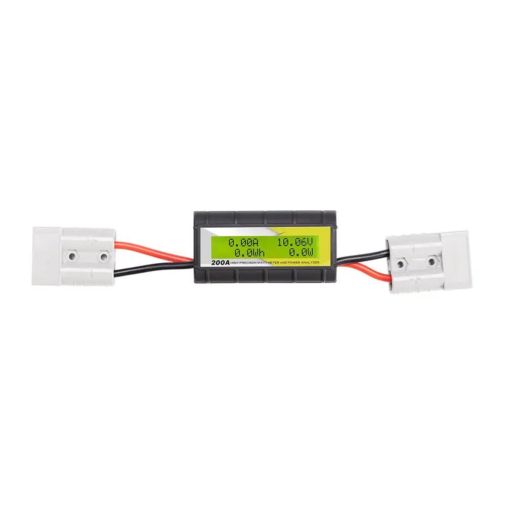 A 200 AMP Digital Volt Watt Meter with Anderson-Style Connectors features a black case, red/black wires, and a green LCD displaying "0.00A" and "10.06V".