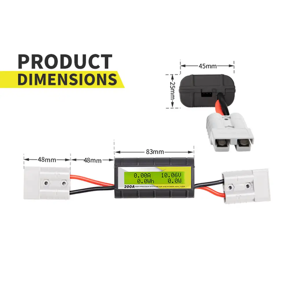This 200 AMP Digital Volt Watt Meter with Anderson-Style Connectors displays its precise dimensions, including the 83mm meter and 48mm connectors.