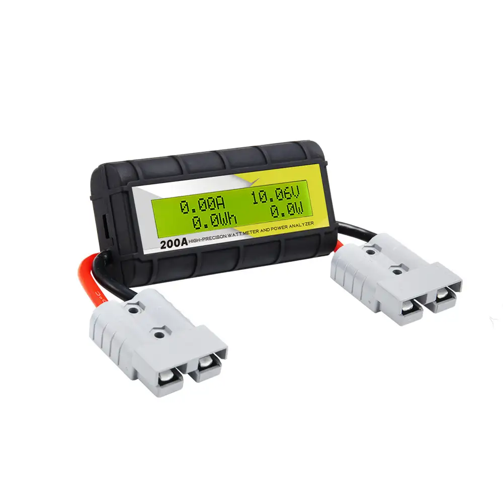 The black 200 AMP Digital Volt Watt Meter with Anderson-Style Connectors displays 0.00A on its green LCD, connected by red and black wires.