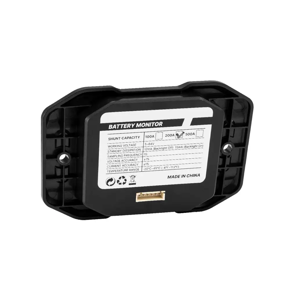 The 200A Battery Monitor LCD 12V 24V 48V's black rear casing features a detailed spec label highlighting 200A shunt capacity and a connector.