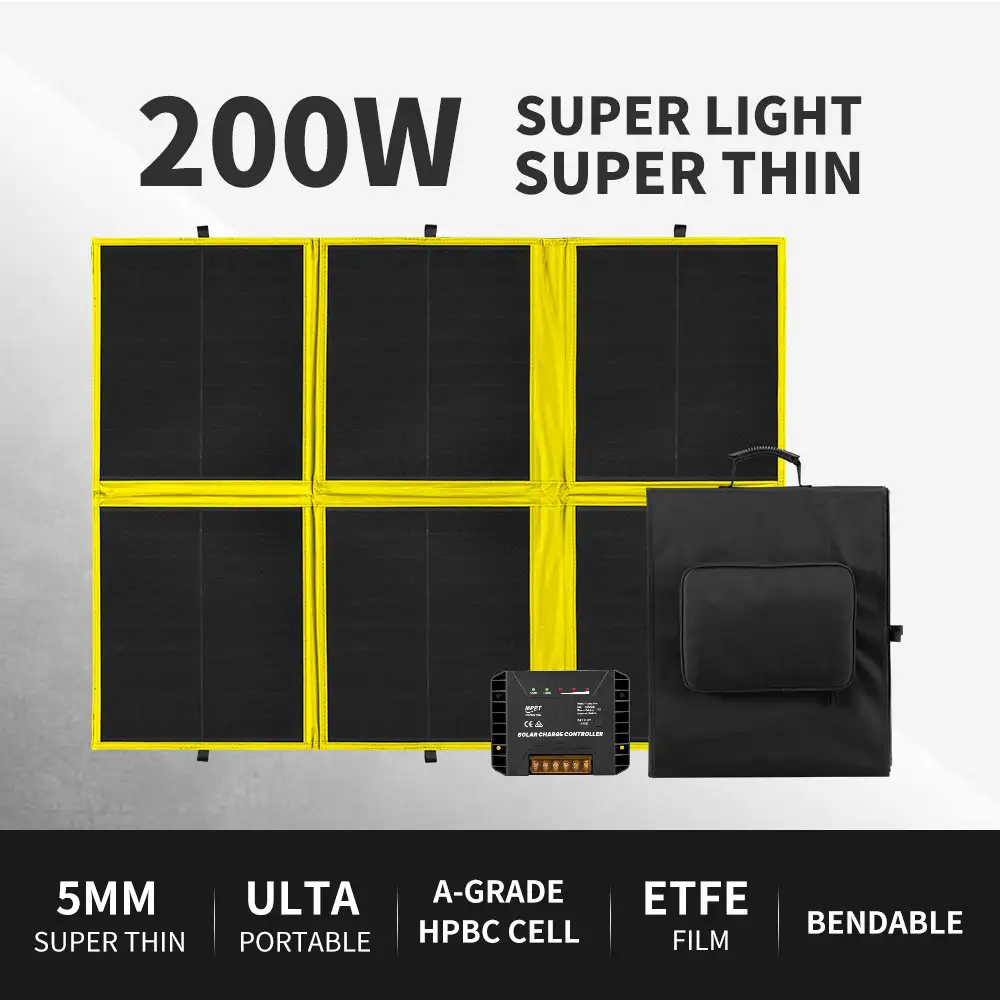 This 200W HPBC Folding Solar Panel ETFE Coating unfolds, revealing black cells with yellow trim, an MPPT controller, and carry bag.